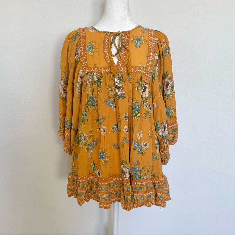 Yellow floral mini boho top with lace up front